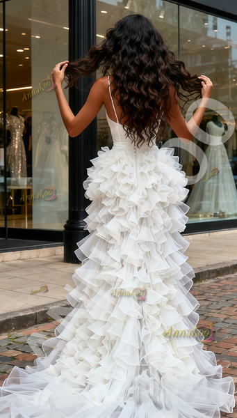 Shop 2025 ANNAKOO Deep V Neck Trumpet Mermaid Satin Ruffles Train Wedding Dress Under 239