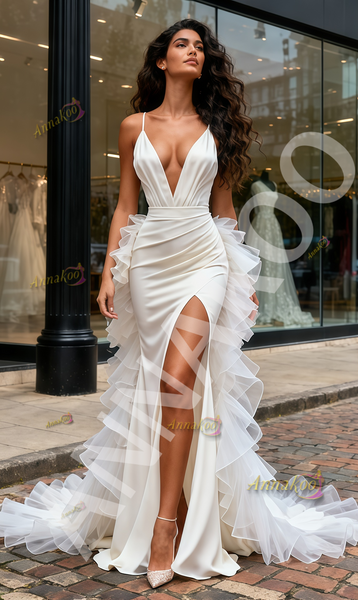Shop 2025 ANNAKOO Deep V Neck Trumpet Mermaid Satin Ruffles Train Wedding Dress Under 239
