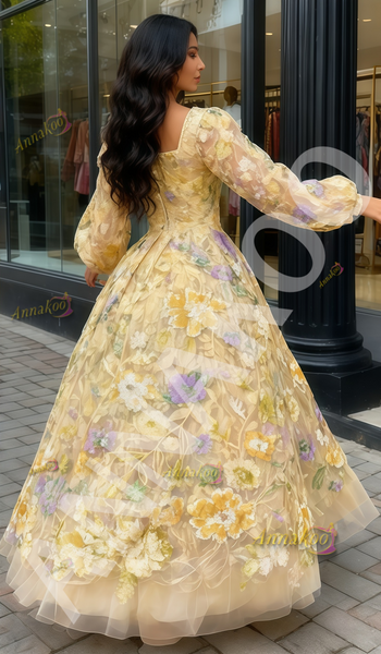 Shop 2026 ANNAKOO Long Sleeve Flower Lace Yellow Tulle Square Prom Dress Under 199
