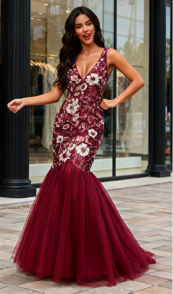 Shop 2025 ANNAKOO Burgundy Floral Lace V Neck Trumpet Mermaid Prom Dress Under 199
