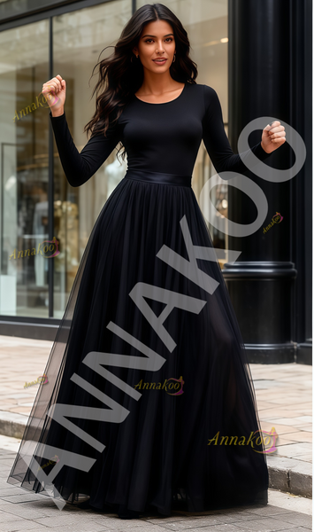 Shop 2026 ANNAKOO Black Scoop Long Sleeve A Line Tulle Prom Dress Under 139