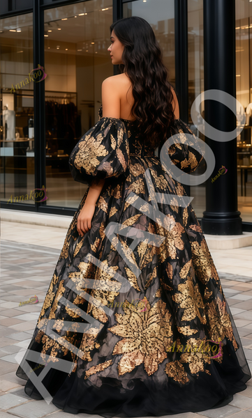 Shop 2025 ANNAKOO Puffy Sleeves Beading Black Flower Ball Gown Prom Dress Under 259