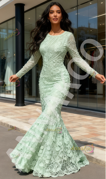 Shop 2026 Annakoo Long Sleeve Mint Scoop Trumpet Mermaid Flower Lace Prom Dress Under 199