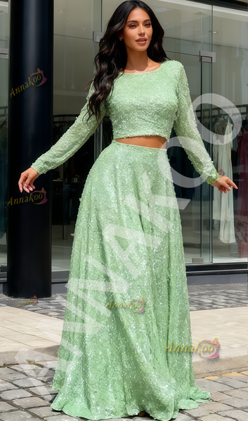 Shop 2025 ANNAKOO Mint Scoop Long Sleeve Two Piece Sequin Prom Dress Under 159