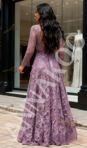 Shop 2026 ANNAKOO Purple Lace Scoop Long Sleeve Beading Prom Dress Under 199