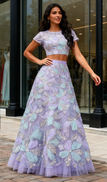 Shop 2026 ANNAKOO Purple Flower Beading Scoop Short Sleeve Two Piece Prom Dress Under 179