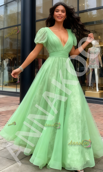Shop 2026 ANNAKOO A Line Green Puffy Sleeve Tulle V Neck Prom Dress Under 179