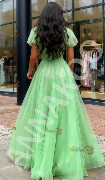 Shop 2026 ANNAKOO A Line Green Puffy Sleeve Tulle V Neck Prom Dress Under 179