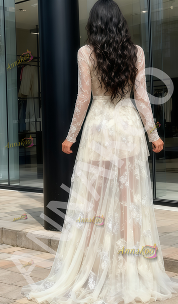 Shop 2026 ANNAKOO Long Sleeve V Neck Lace A Line High Low Prom Dress Under 198