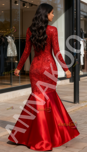 Shop 2026 annakoo Long Sleeve Red Satin Trumpet Mermaid Prom Dress Under 219
