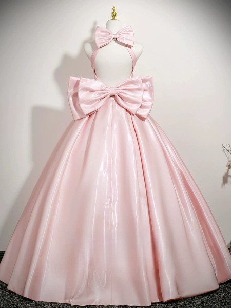 Shop 2025 ANNAKOO Pearls Scoop A Line Pink Satin Bow Backless Prom Dress Under 179