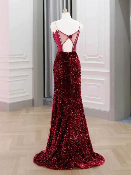 Shop 2026 ANNAKOO Burgundy Sequin Spaghetti Straps Backless Mermaid Prom Dress Under 189