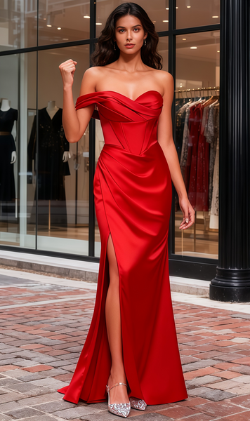Shop 2026 ANNAKOO Red Satin Trumpet Mermaid Sweetheart Ruched Prom Dress With Slit Under 139