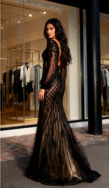 Shop 2026 ANNAKOO Black Champagne Tulle Trumpet Mermaid Long Sleeve Prom Dress Under 499