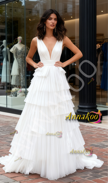 Shop 2026 ANNAKOO V Neck White Shiny Tulle Layers A Line Prom Dress Under 225