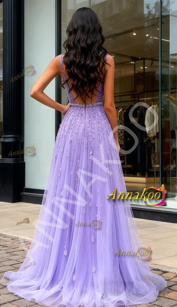 Shop 2026 ANNAKOO Purple Straps Beading Tulle A Line Prom Dress Under 399