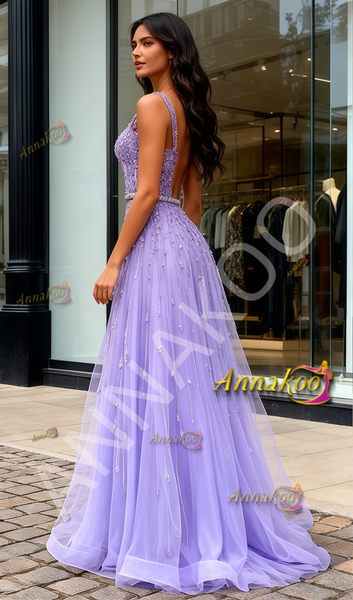 Shop 2026 ANNAKOO Purple Straps Beading Tulle A Line Prom Dress Under 399