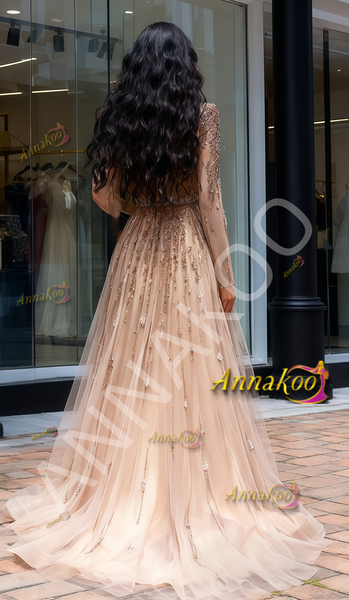 Shop 2026 ANNAKOO Beading Long Sleeve Square A Line Champagne Prom Dress Under 459