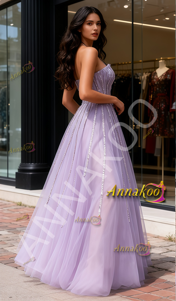 Shop 2026 ANNAKOO Purple Tulle Strapless Beading A Line Prom Dress Under 399
