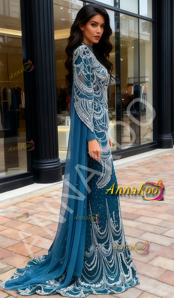 Shop 2026 ANNAKOO Blue High Neck Beading Tulle Sheath Column Prom Dress Under 478