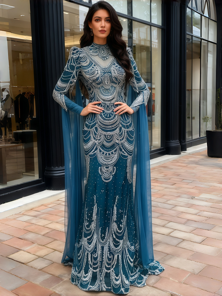 Shop 2026 ANNAKOO Blue High Neck Beading Tulle Sheath Column Prom Dress Under 478