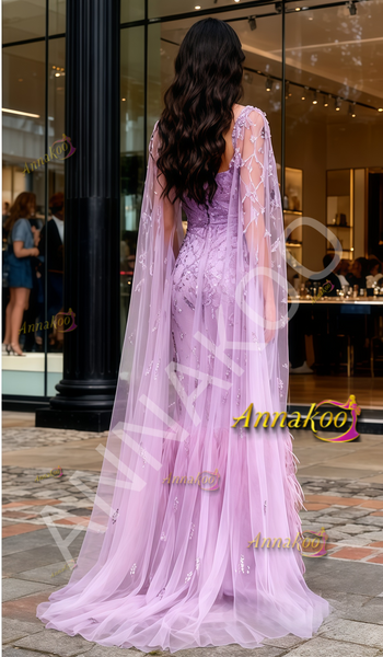 Shop 2026 ANNAKOO Lavender Cape Trumpet Mermaid Feather Beading Prom Dress Under 489