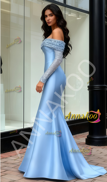 Shop 2026 ANNAKOO Off The Shoulder Beading Blue Trumpet Mermaid Satin Prom Dress Under 299