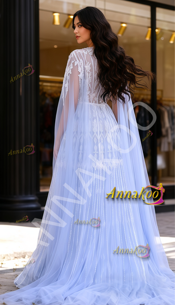 Shop 2026 Annakoo  Blue Beading Cap Sleeves Tulle Sheat Column Prom Dress