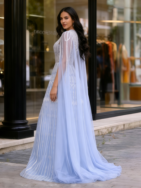 Shop 2026 Annakoo  Blue Beading Cap Sleeves Tulle Sheat Column Prom Dress