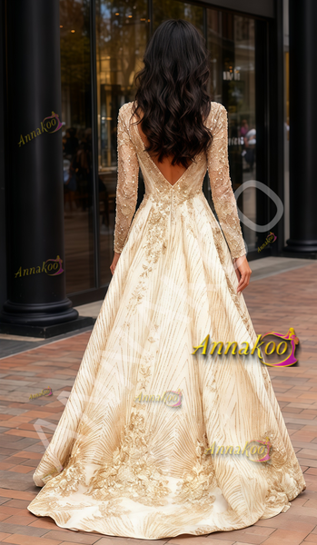 Shop 2026 ANNAKOO Gold Long Sleeve Deep V Neck Sequin Tulle A Line Prom Dress Under 239