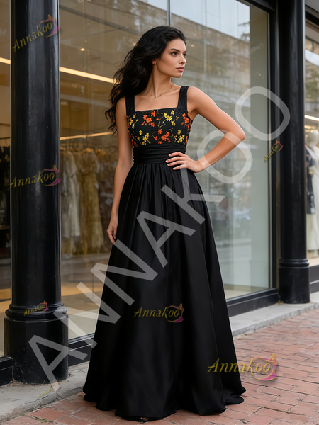 Floral Straps Square A Line Black Prom Dress