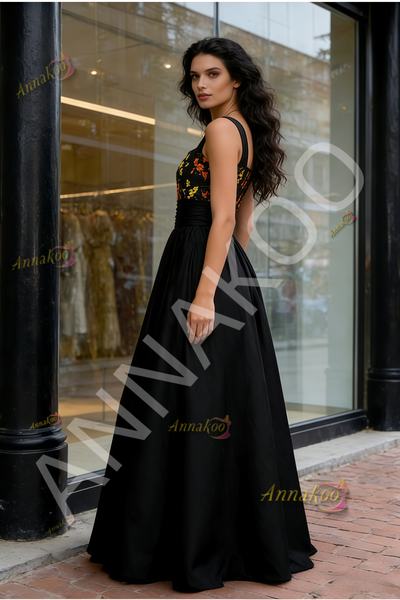 Shop 2026 ANNAKOO Floral Straps Square A Line Black Prom Dress Under 169