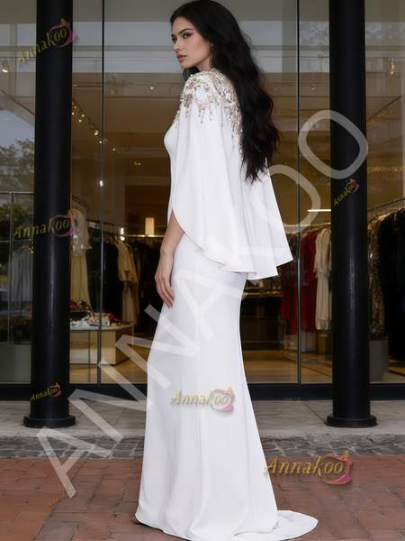 White Cape Trumpet Mermaid Beading Satin Prom Dress