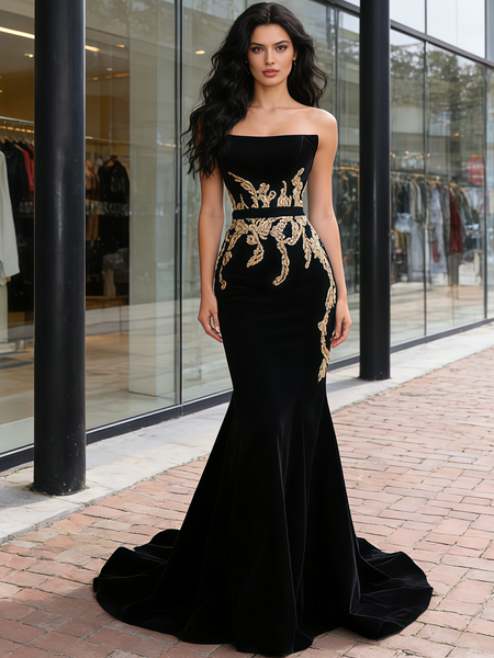 Shop 2026 ANNAKOO Black Vevelt Strapless Trumpet Mermaid Appliques Prom Dress Under 399