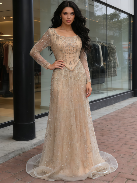 Shop 2026 ANNAKOO Champagne Beading Long Sleeves Tulle Trumpet Mermaid Prom Dress Under 399