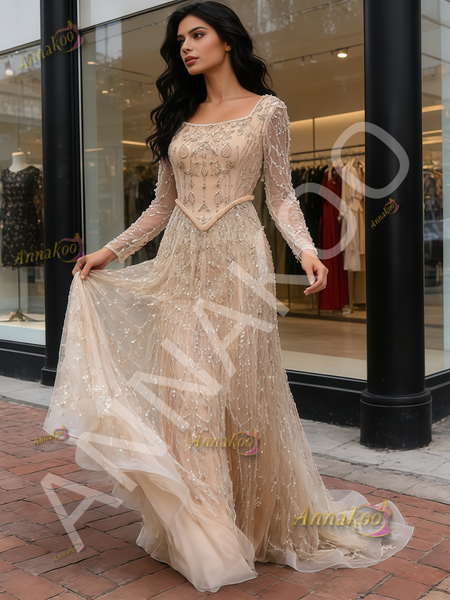 Shop 2026 ANNAKOO Champagne Beading Long Sleeves Tulle Trumpet Mermaid Prom Dress Under 399