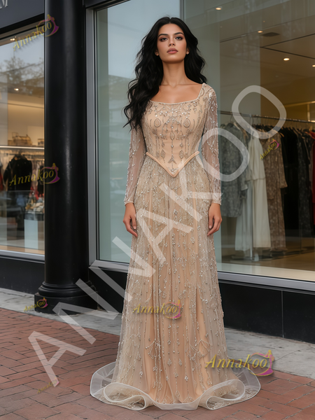 Shop 2026 ANNAKOO Champagne Beading Long Sleeves Tulle Trumpet Mermaid Prom Dress Under 399