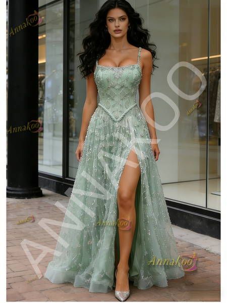 Shop 2026 ANNAKOO Mint Green Tulle Spaghetti Straps Beading A Line Prom Dress Under 399