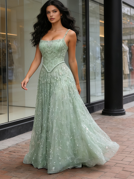 Shop 2026 ANNAKOO Mint Green Tulle Spaghetti Straps Beading A Line Prom Dress Under 399