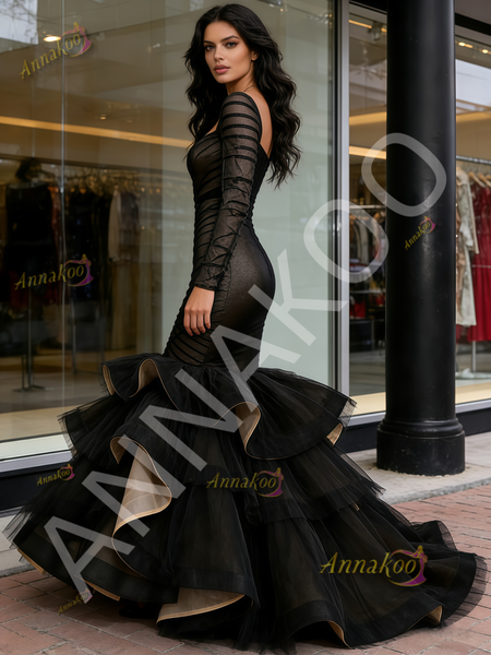 Shop 2026 ANNAKOO Black Off The Shoulder Long Sleeves Ruffles Prom Dress Under 799