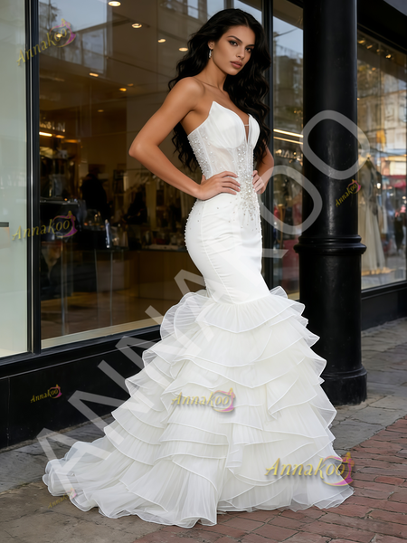 Shop 2026 ANNAKOO White Sweetheart Beading Ruffles Tulle Trumpet Mermaid Wedding Dress Under 799