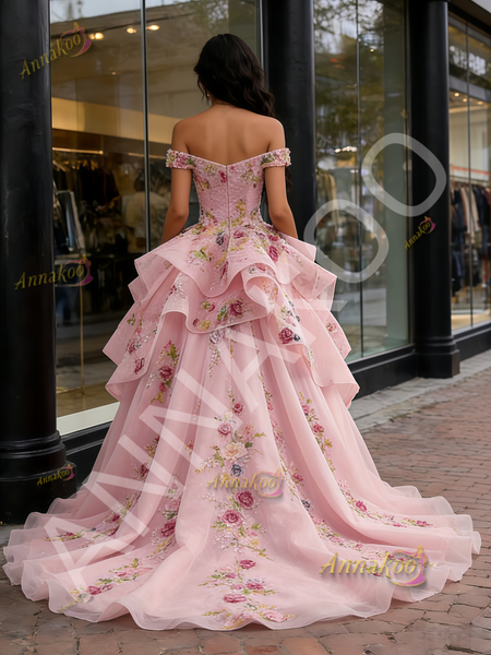 Shop 2026 ANNAKOO Off The Shoulder Pink Tulle Floral Appliques Ball Gown Prom Dress Under 799