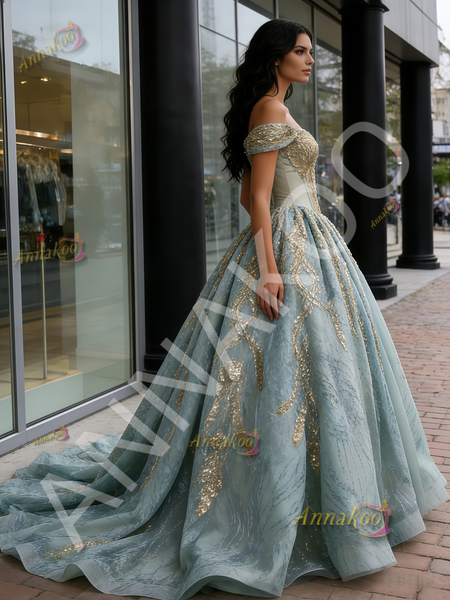Shop 2026 ANNAKOO Green Off The Shoulder Appliques Ball Gown Tulle Prom Dress Under 799