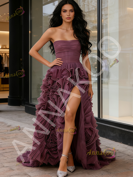 Shop 2026 ANNAKOO Purple Tulle A Line Strapless Ruffles Prom Dress With Slit Under 499