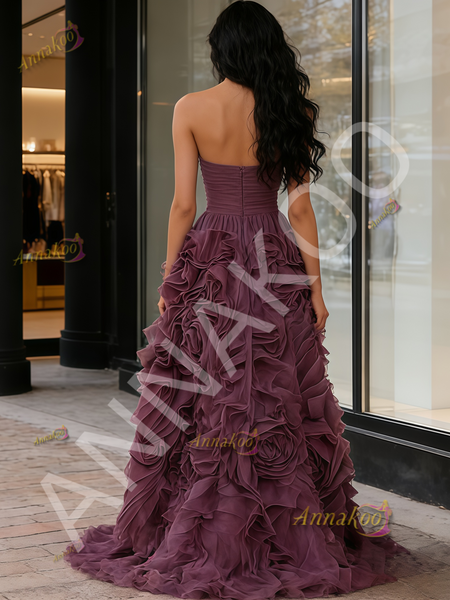 Shop 2026 ANNAKOO Purple Tulle A Line Strapless Ruffles Prom Dress With Slit Under 499