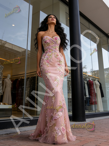 Shop 2026 ANNAKOO Strapless Trumpet Mermaid Floral Tulle Ruffles Prom Dress Under 799