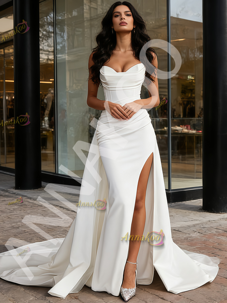 Mermaid Front Slit Sweep Train Wedding Satin Sweetheart Wedding Dress