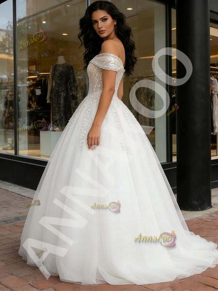 Shop 2026 ANNAKOO Off The Shoulder Ball Gown Tulle Sequin Wedding Dress Under 369