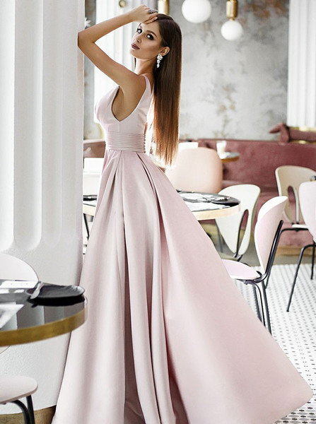  V-Neck Long Elegant Sleeveless Pink Satin Prom Dress
