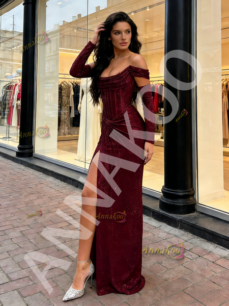Shop 2026 ANNAKOO Champagne Sequin Trumpet Mermaid Off The Shoulder Prom Dress With Slit Under 249